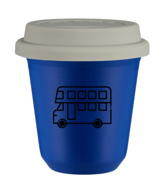 Tasse 150 ml BLEU "Bus (noir)", avec couvercle blanc Tasse 150 ml BLEU "Bus (noir)", avec couvercle blanc