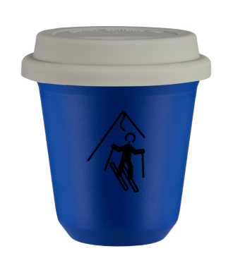 Tasse 150 ml BLEU "Ski (noir)", avec couvercle blanc Tasse 150 ml BLEU "Ski (noir)", avec couvercle blanc