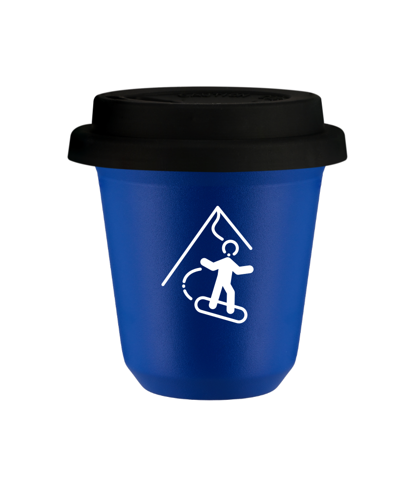 Tasse 150 ml BLEU "Snowboard (blanc)", avec couvercle noir
