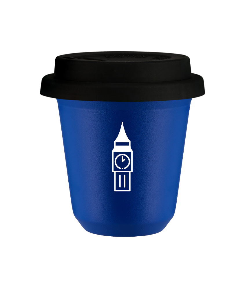 Tasse 150 ml BLEU "BIG BEN (blanc)", avec couvercle noir Tasse 150 ml BLEU "BIG BEN (blanc)", avec couvercle noir