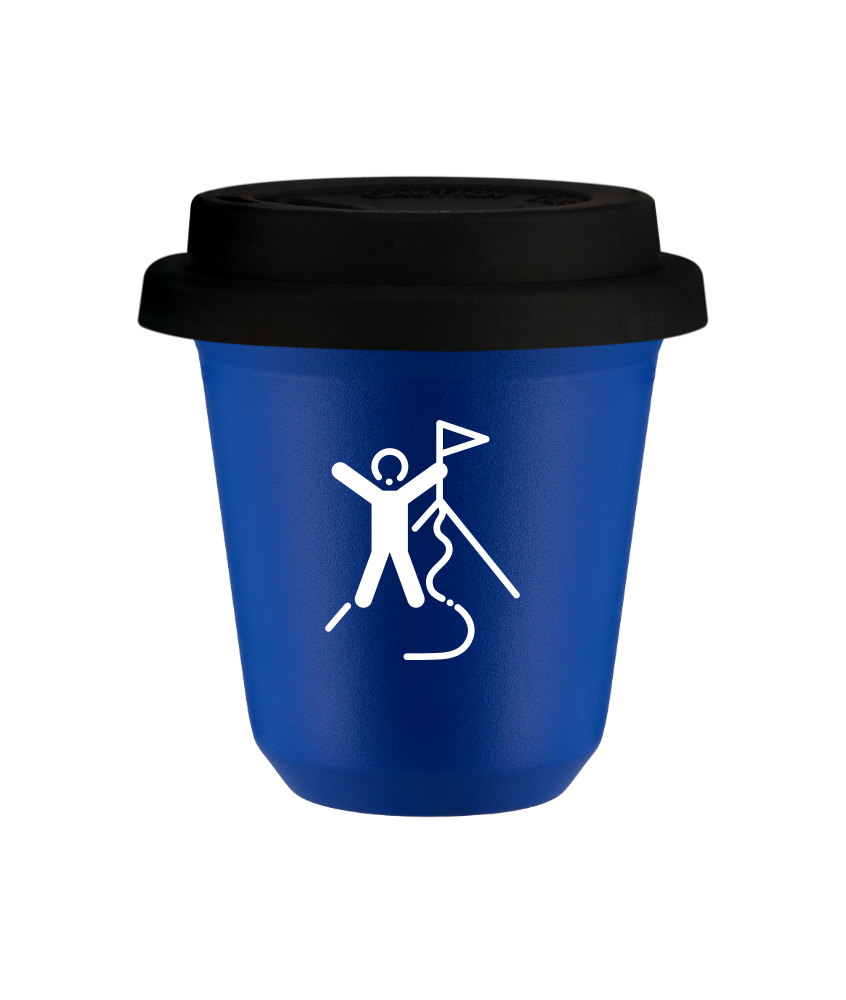 Tasse 150 ml BLEU "Escalade 1 (blanc)", avec couvercle noir Tasse 150 ml BLEU "Escalade 1 (blanc)", avec couvercle noir