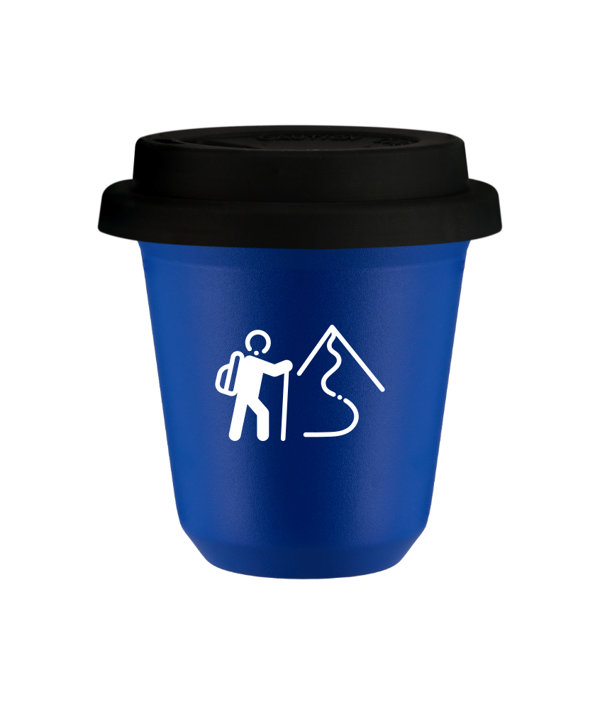 Tasse 150 ml BLEU "Escalade 2 (blanc)", avec couvercle noir Tasse 150 ml BLEU "Escalade 2 (blanc)", avec couvercle noir