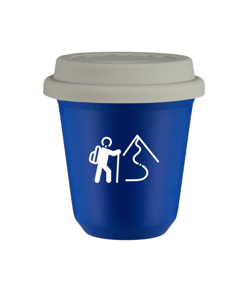 Tasse 150 ml BLEU "Escalade 2 (blanc)", avec couvercle blanc