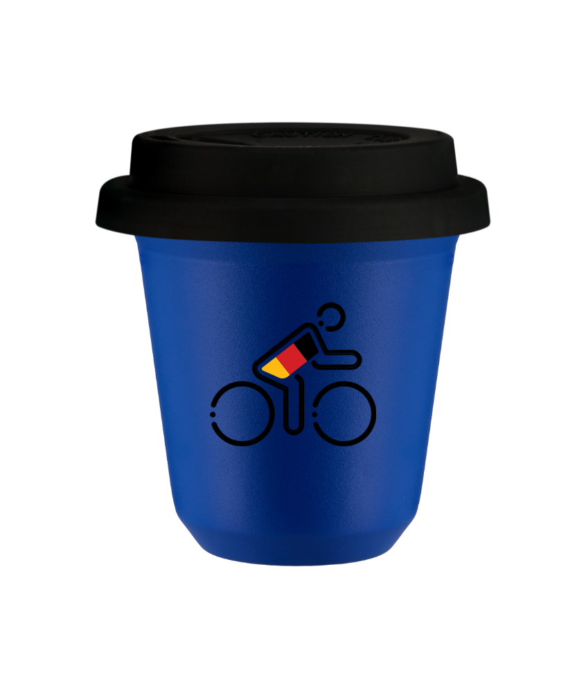 Tasse 150 ml BLEU "Cycliste aux couleurs allemandes (noir)", avec couvercle noir Tasse 150 ml BLEU "Cycliste aux couleurs allemandes (noir)", avec couvercle noir
