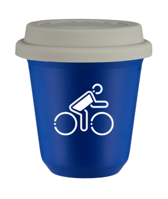 Tasse 150 ml BLEU "Cycliste aux couleurs allemandes (blanc)", avec couvercle blanc Tasse 150 ml BLEU "Cycliste aux couleurs allemandes (blanc)", avec couvercle blanc