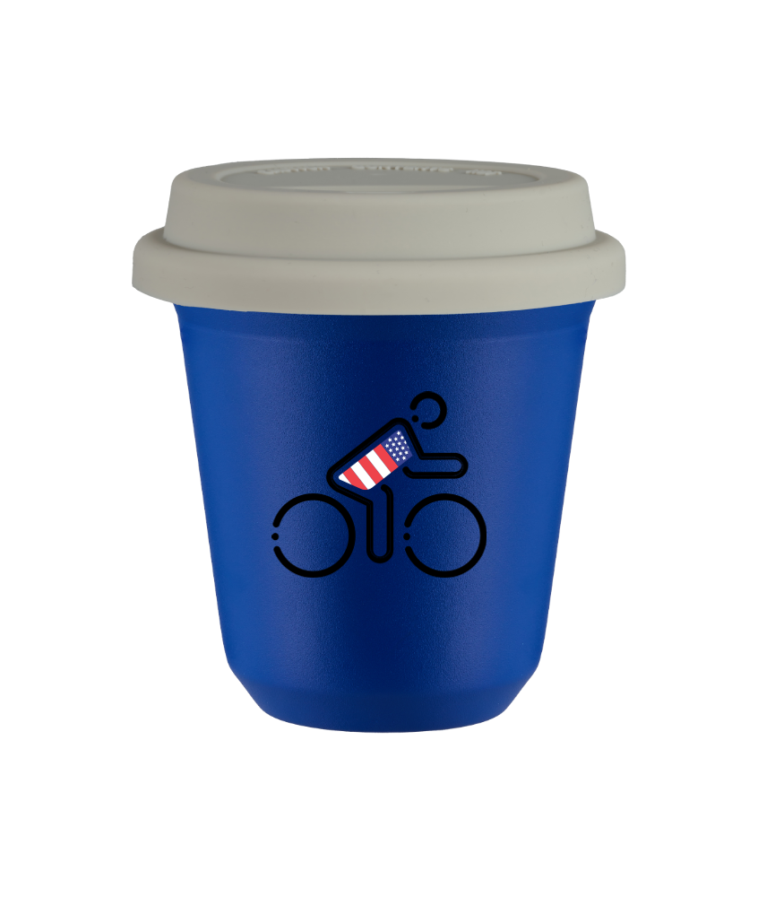 Tasse 150 ml BLEU "Cycliste aux couleurs britanniques (noir)", avec couvercle blanc
