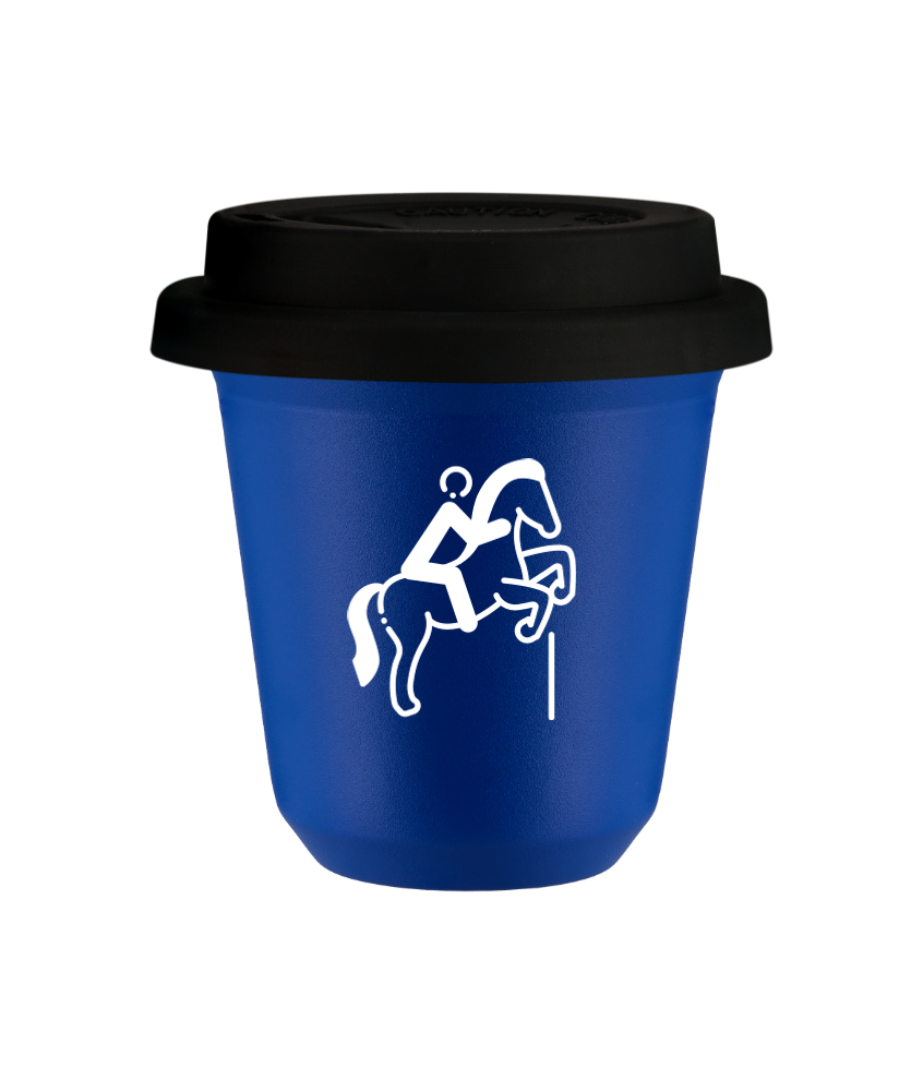 Tasse 150 ml BLEU "Équitation 1 (blanc)", avec couvercle noir