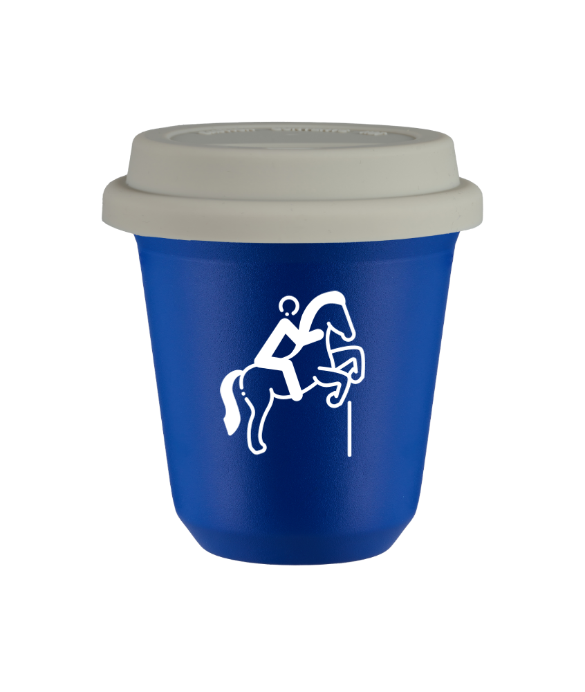 Tasse 150 ml BLEU "Équitation 1 (blanc)", avec couvercle blanc Tasse 150 ml BLEU "Équitation 1 (blanc)", avec couvercle blanc