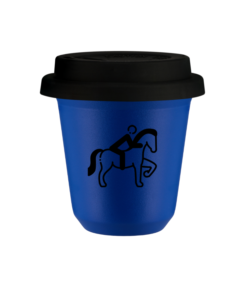 Tasse 150 ml BLEU "Équitation 2", avec couvercle noir