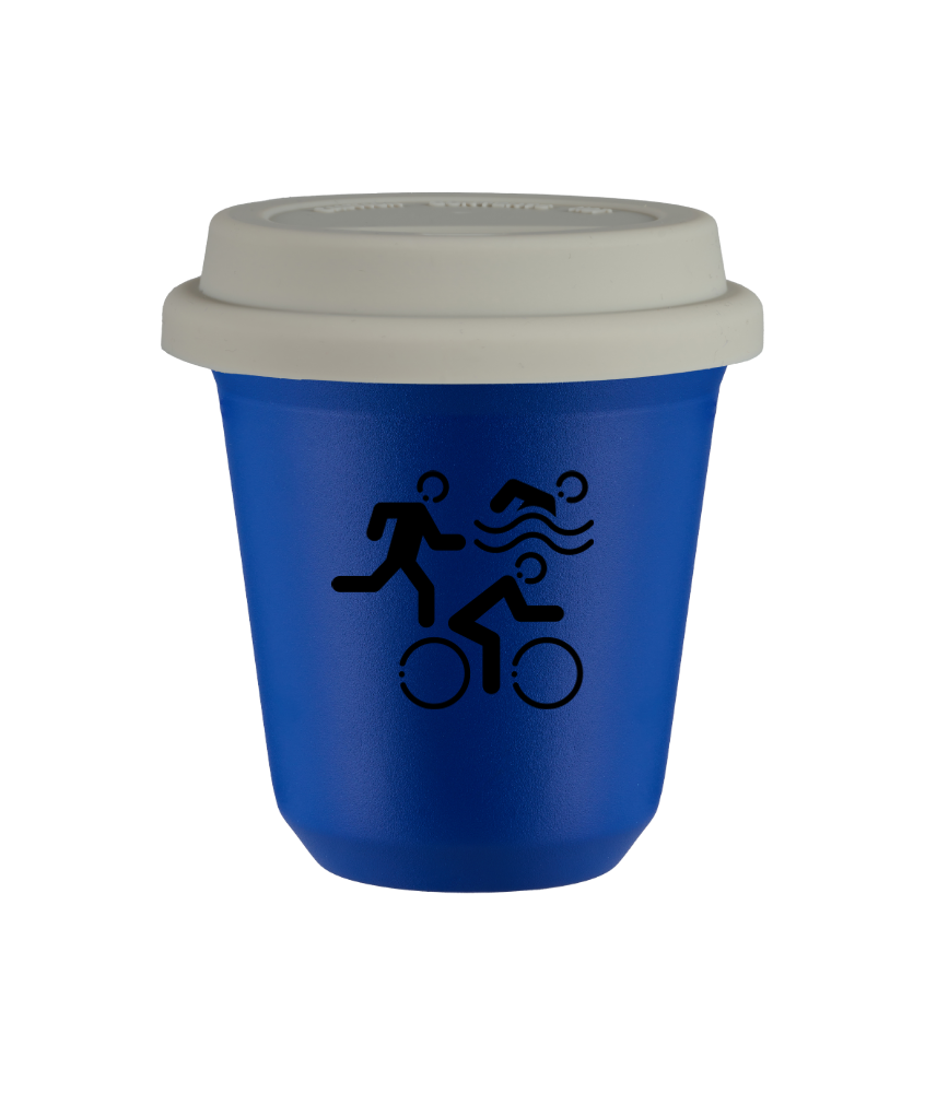 Tasse 150 ml BLEU "Sports", avec couvercle blanc Tasse 150 ml BLEU "Sports", avec couvercle blanc