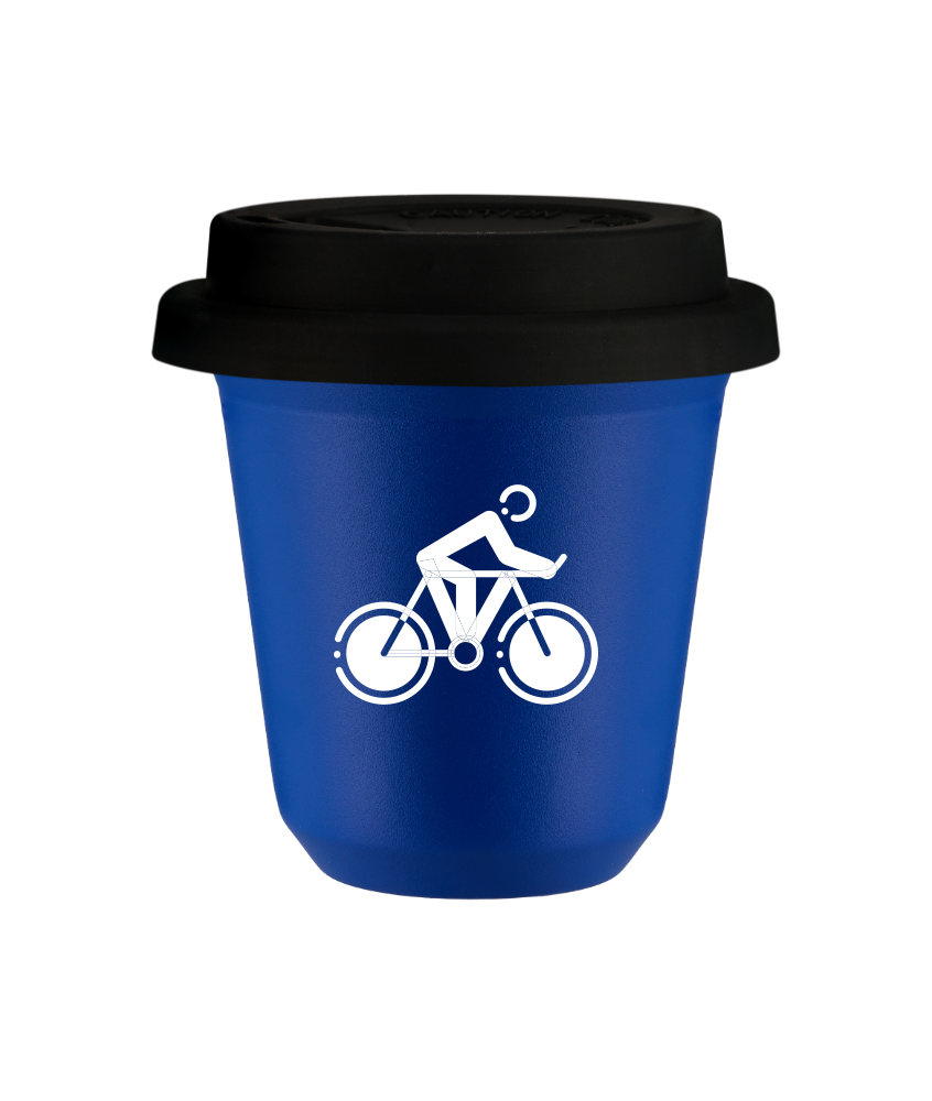 Tasse 150 ml BLEU "Cyclisme 2 (blanc)", avec couvercle noir