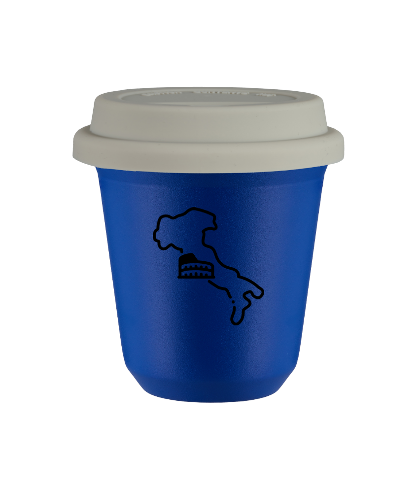 Tasse 150 ml BLEU "Italie (noir)", avec couvercle blanc Tasse 150 ml BLEU "Italie (noir)", avec couvercle blanc
