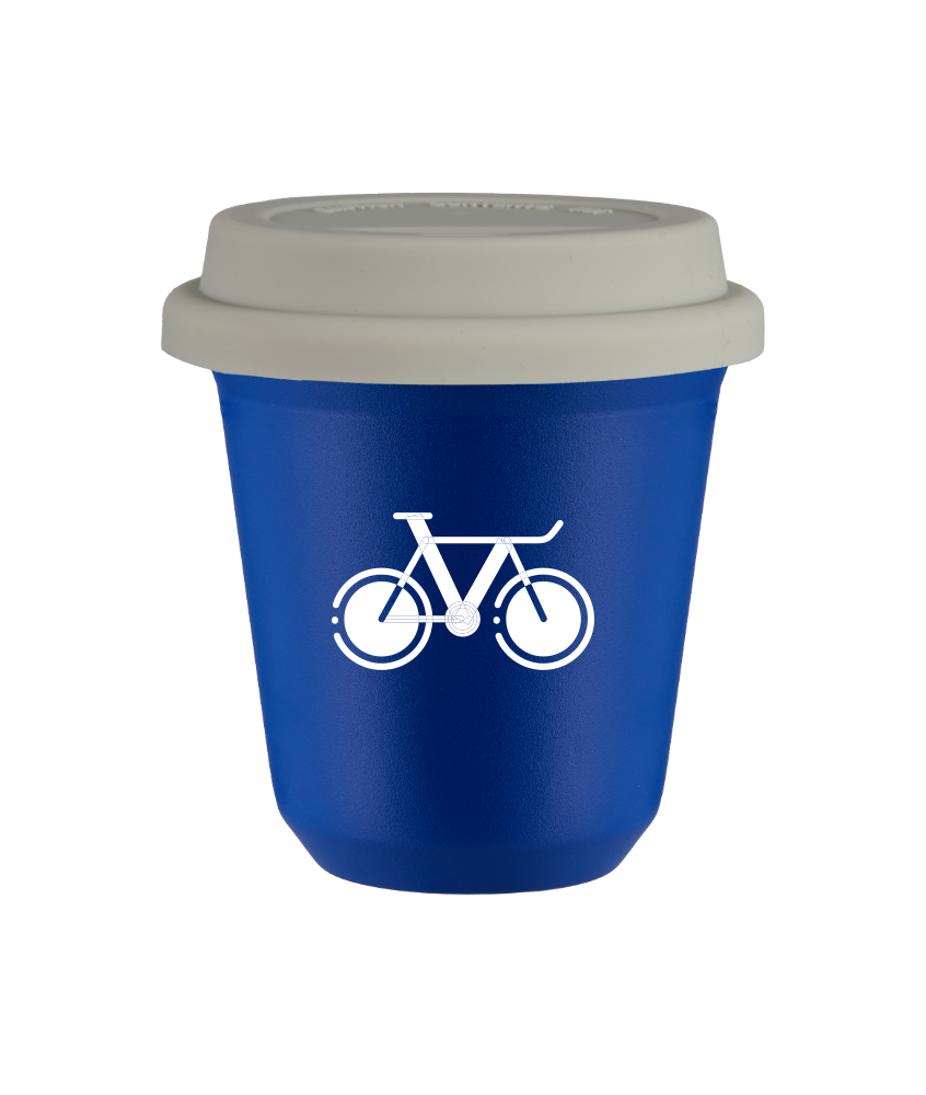 Tasse 150 ml BLEU "Vélo 1 (blanc)", avec couvercle blanc Tasse 150 ml BLEU "Vélo 1 (blanc)", avec couvercle blanc