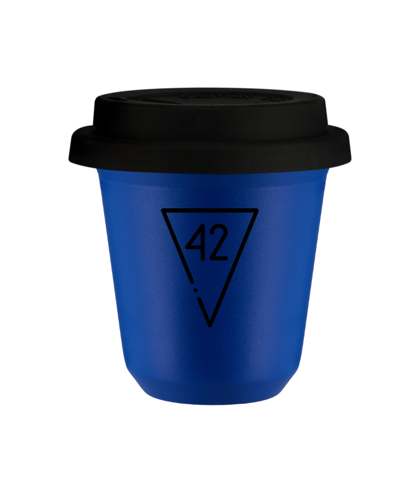 Tasse 150 ml BLEU "42", avec couvercle noir Tasse 150 ml BLEU "42", avec couvercle noir