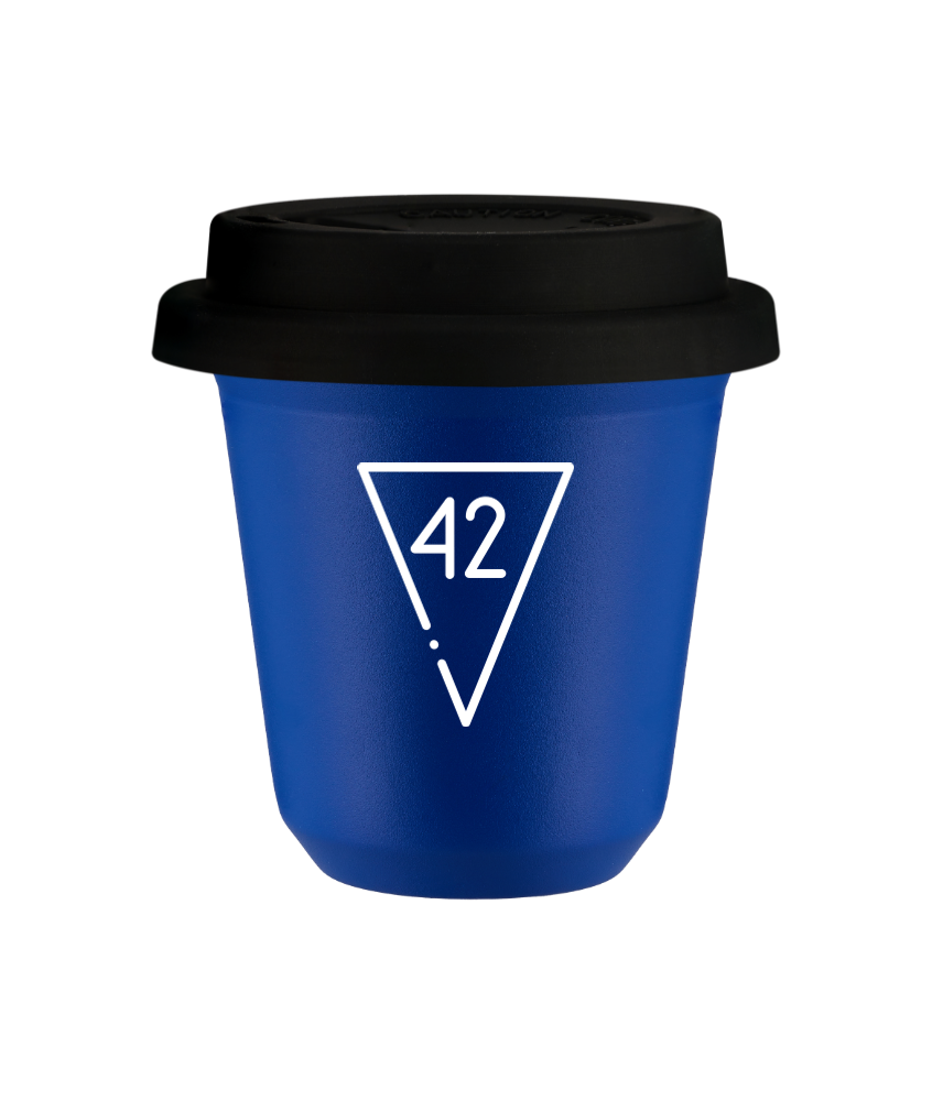 Tasse 150 ml BLEU "42 (blanc)", avec couvercle noir Tasse 150 ml BLEU "42 (blanc)", avec couvercle noir