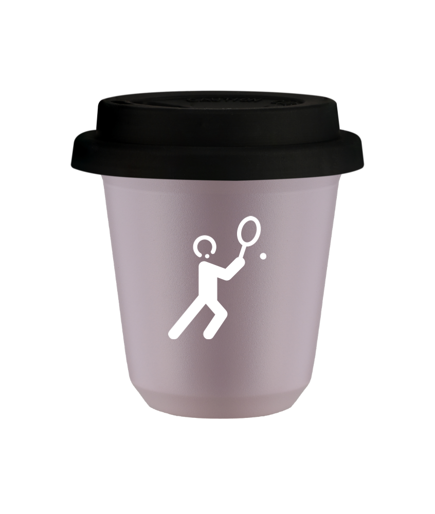 Tasse 150 ml LAVANDE "Tennis 1 (blanc)", avec couvercle noir Tasse 150 ml LAVANDE "Tennis 1 (blanc)", avec couvercle noir