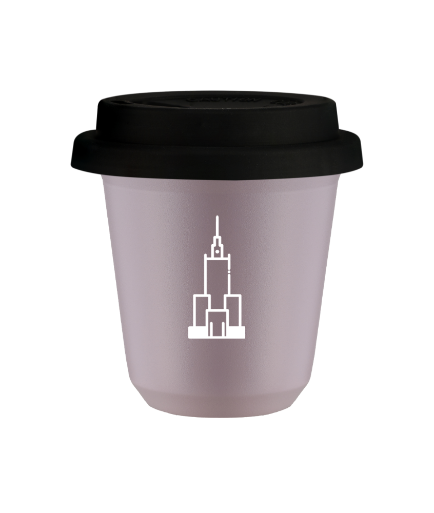 Tasse 150 ml LAVANDE "Pałac kultury i nauki (blanc)", avec couvercle noir Tasse 150 ml LAVANDE "Pałac kultury i nauki (blanc)", avec couvercle noir