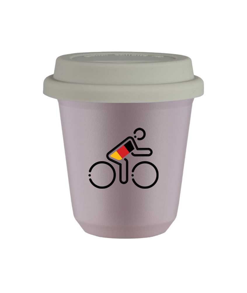 Tasse 150 ml LAVANDE "Cycliste aux couleurs allemandes", avec couvercle blanc