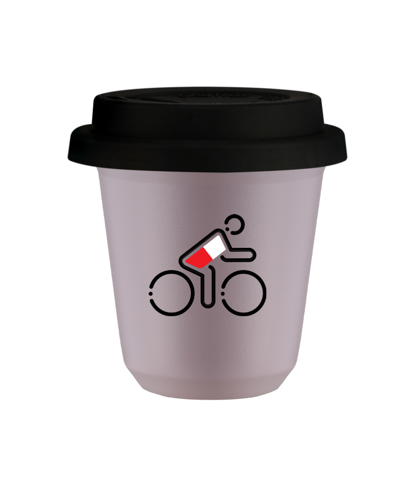 Tasse 150 ml LAVANDE "Cycliste aux couleurs polonaises", avec couvercle noir Tasse 150 ml LAVANDE "Cycliste aux couleurs polonaises", avec couvercle noir