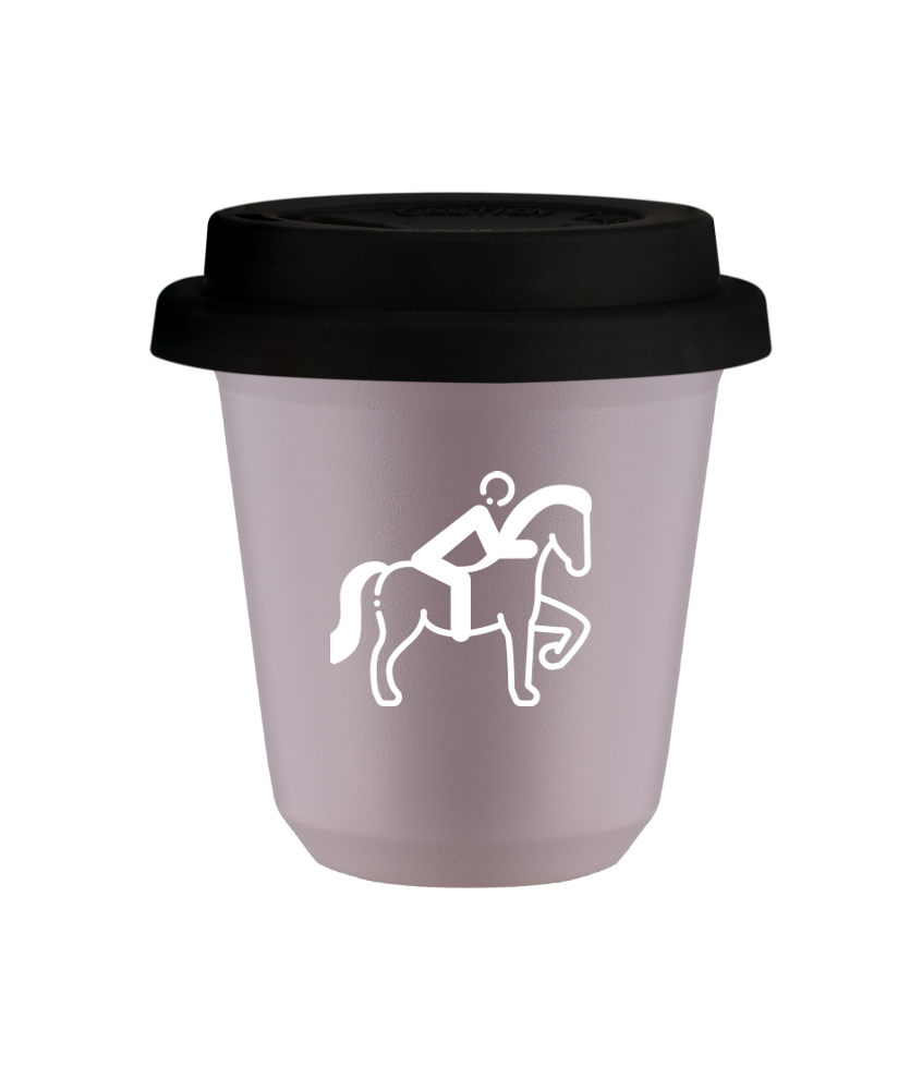 Tasse 150 ml LAVANDE "Équitation 2 (blanc)", avec couvercle noir Tasse 150 ml LAVANDE "Équitation 2 (blanc)", avec couvercle noir