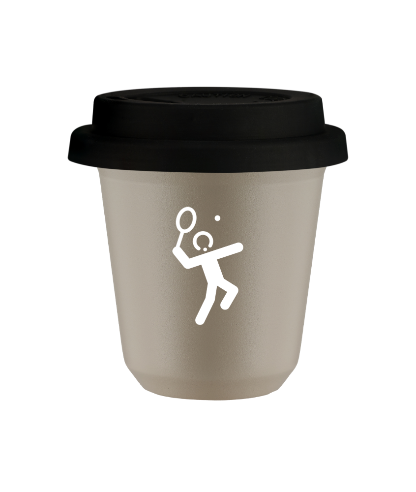 Tasse 150 ml BEIGE "Tennis 2 (blanc)", avec couvercle noir