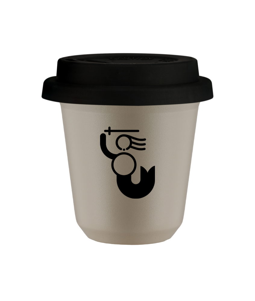 Tasse 150 ml BEIGE "WARSZAWSKA SYRENKA (noir)", avec couvercle noir Tasse 150 ml BEIGE "WARSZAWSKA SYRENKA (noir)", avec couvercle noir
