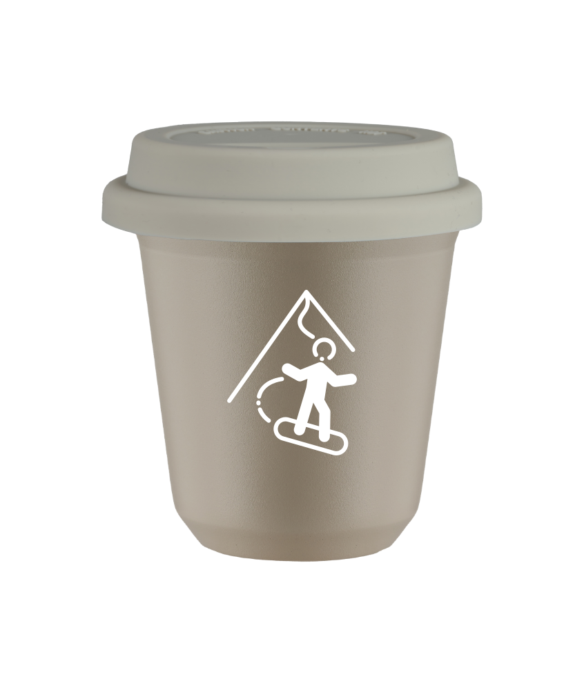 Tasse 150 ml BEIGE "Snowboard (blanc)", avec couvercle blanc