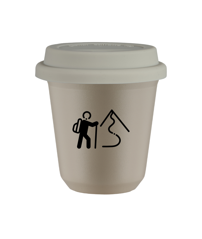 Tasse 150 ml BEIGE "Escalade 2", avec couvercle blanc