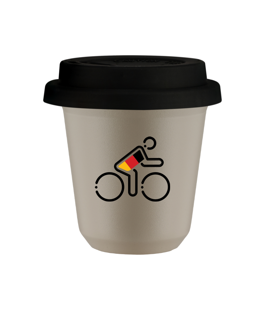 Tasse 150 ml BEIGE "Cycliste aux couleurs allemandes (noir)", avec couvercle noir Tasse 150 ml BEIGE "Cycliste aux couleurs allemandes (noir)", avec couvercle noir