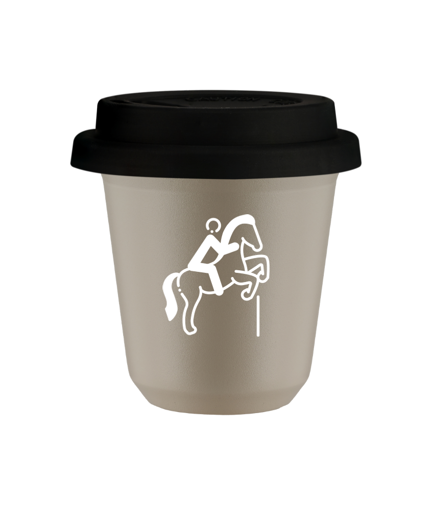 Tasse 150 ml BEIGE "Équitation 1 (blanc)", avec couvercle noir Tasse 150 ml BEIGE "Équitation 1 (blanc)", avec couvercle noir