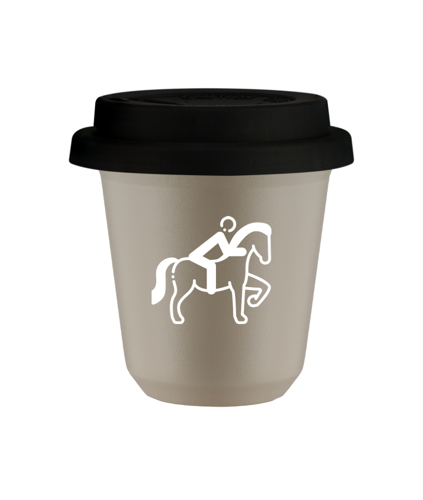 Tasse 150 ml BEIGE "Équitation 2 (blanc)", avec couvercle noir Tasse 150 ml BEIGE "Équitation 2 (blanc)", avec couvercle noir