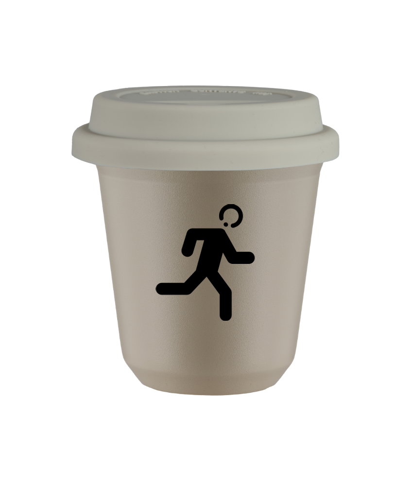 Tasse 150 ml BEIGE "Coureur (noir)", avec couvercle blanc Tasse 150 ml BEIGE "Coureur (noir)", avec couvercle blanc