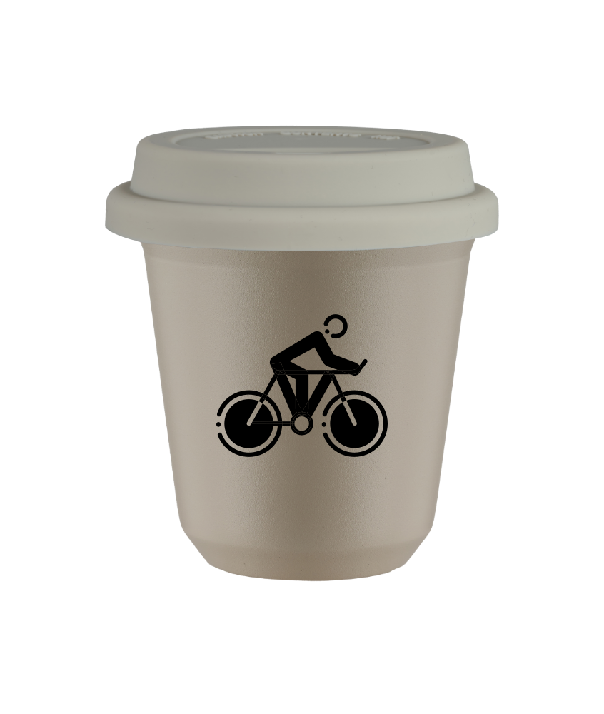 Tasse 150 ml BEIGE "Cyclisme 2 (noir)", avec couvercle blanc
