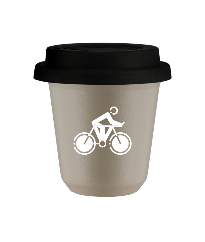 Tasse 150 ml BEIGE "Cyclisme 2 (blanc)", avec couvercle noir Tasse 150 ml BEIGE "Cyclisme 2 (blanc)", avec couvercle noir