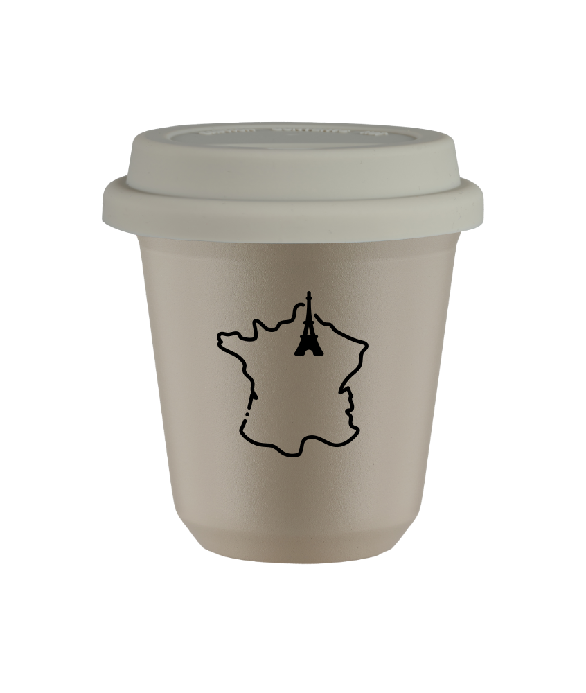 Tasse 150 ml BEIGE "France", avec couvercle blanc Tasse 150 ml BEIGE "France", avec couvercle blanc