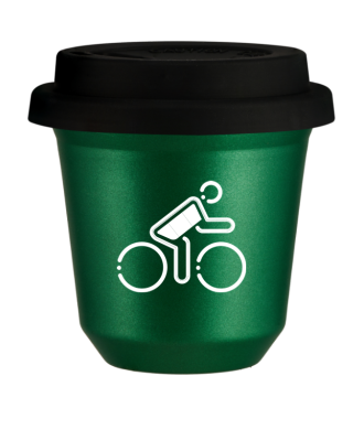 Tasse 80 ml VERT MÉTALLIQUE "Cycliste aux couleurs allemandes (blanc)", avec couvercle noir Tasse 80 ml VERT MÉTALLIQUE "Cycliste aux couleurs allemandes (blanc)", avec couvercle noir
