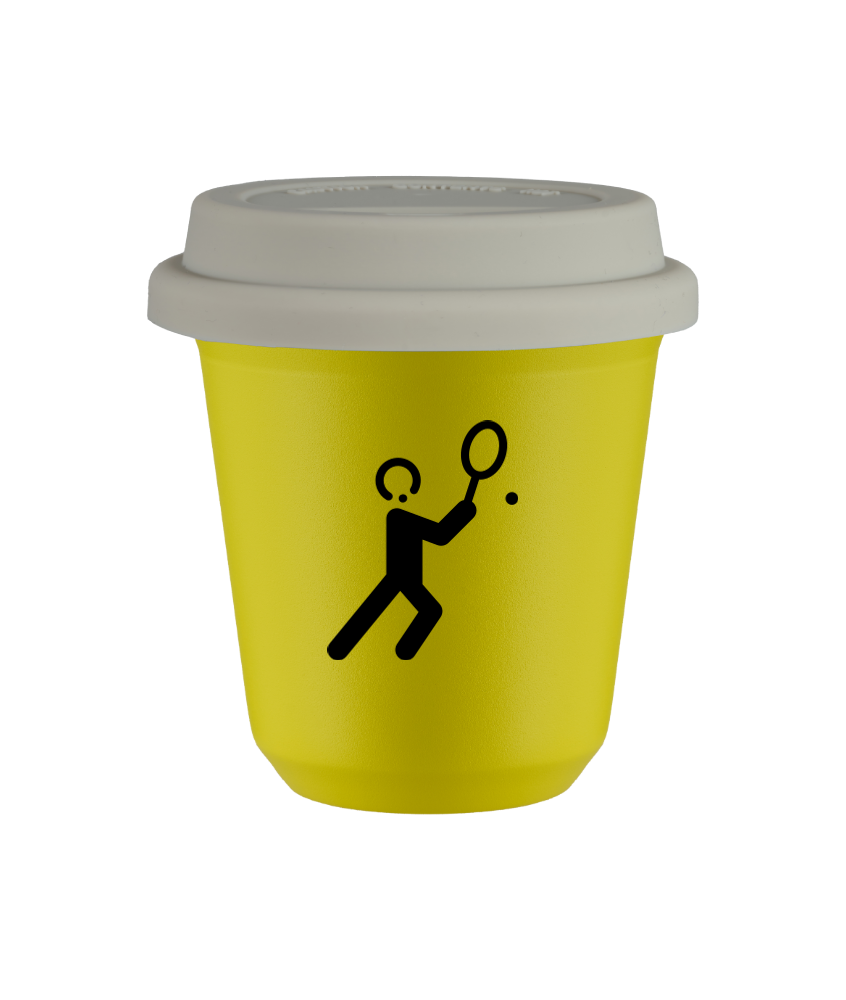 Tasse 150 ml JAUNE "Tennis 1", avec couvercle blanc