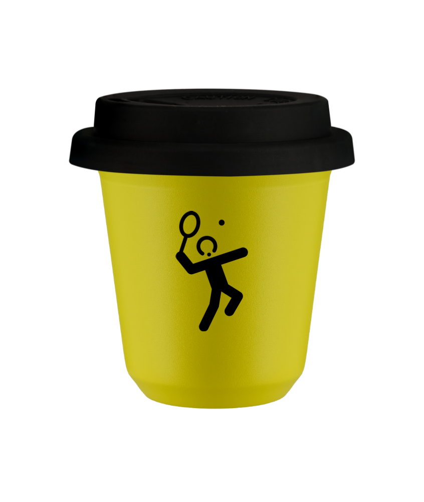 Tasse 150 ml JAUNE "Tennis 2 (noir)", avec couvercle noir Tasse 150 ml JAUNE "Tennis 2 (noir)", avec couvercle noir