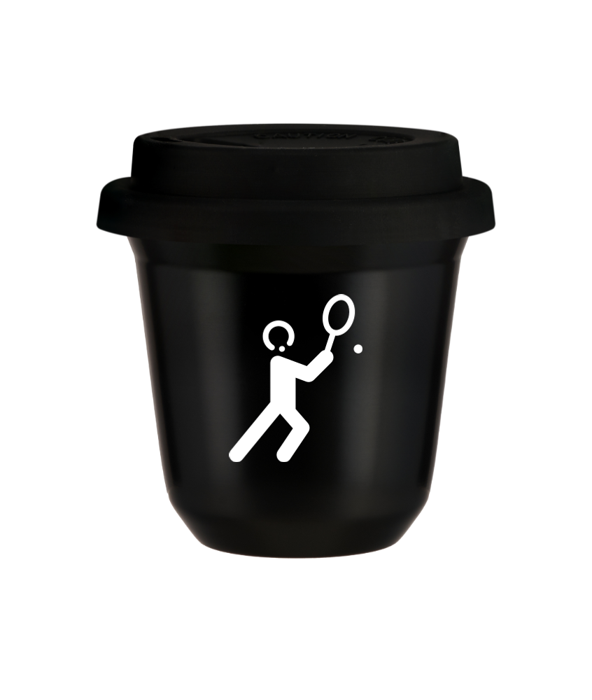 Tasse 80 ml NOIR "Tennis 1 (blanc)", avec couvercle noir