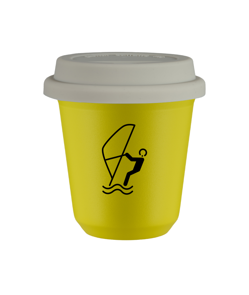 Tasse 150 ml JAUNE "Sports nautiques (noir)", avec couvercle blanc