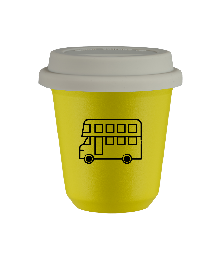 Tasse 150 ml JAUNE "Bus", avec couvercle blanc Tasse 150 ml JAUNE "Bus", avec couvercle blanc