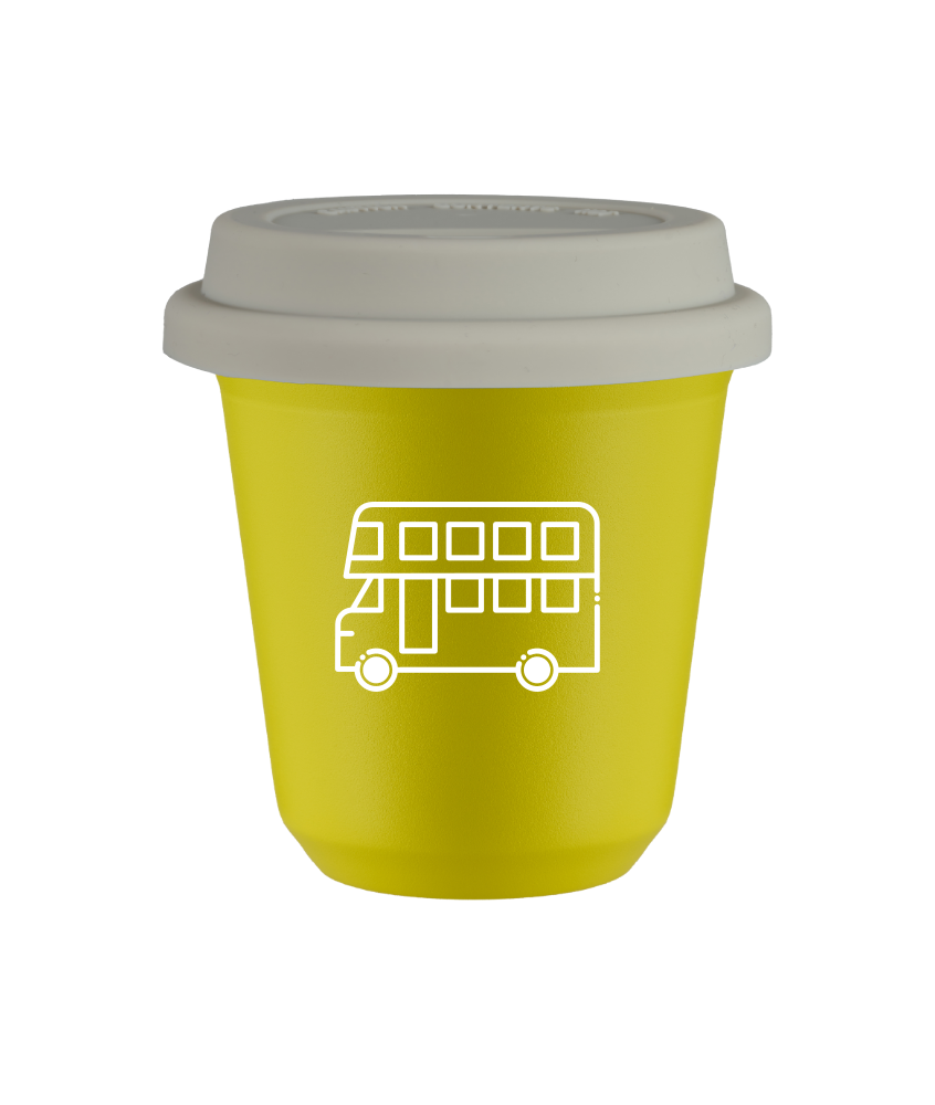 Tasse 150 ml JAUNE "Bus (blanc)", avec couvercle blanc Tasse 150 ml JAUNE "Bus (blanc)", avec couvercle blanc