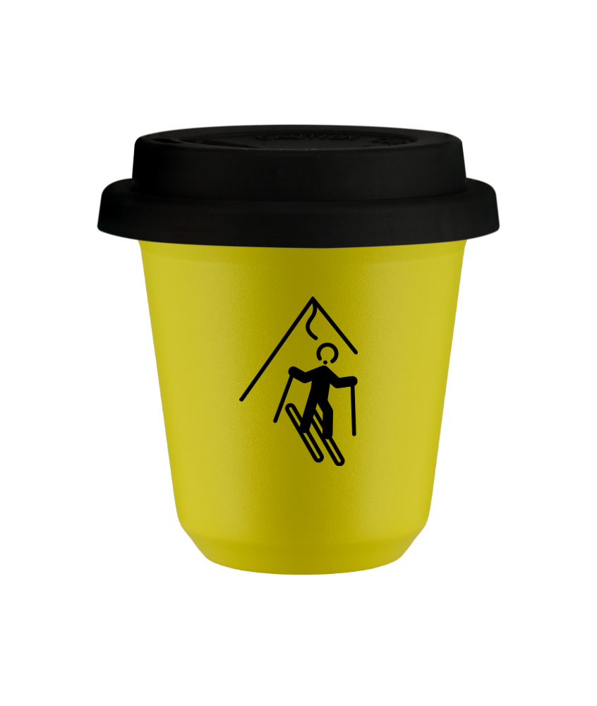 Tasse 150 ml JAUNE "Ski", avec couvercle noir