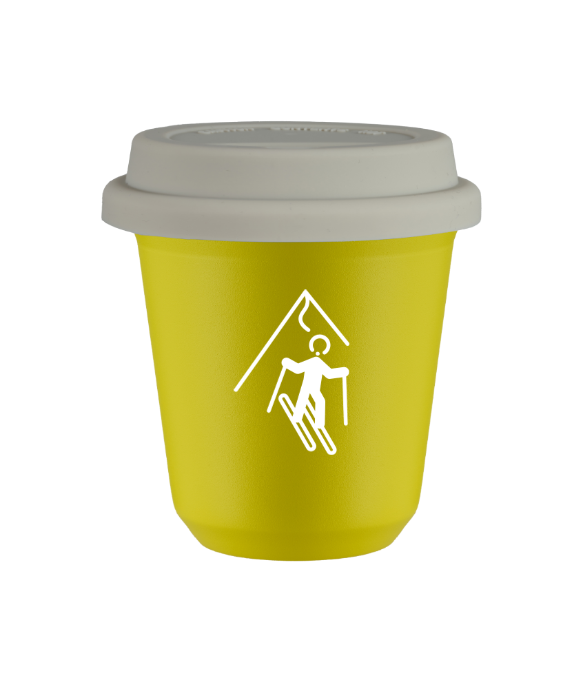 Tasse 150 ml JAUNE "Ski (blanc)", avec couvercle blanc Tasse 150 ml JAUNE "Ski (blanc)", avec couvercle blanc