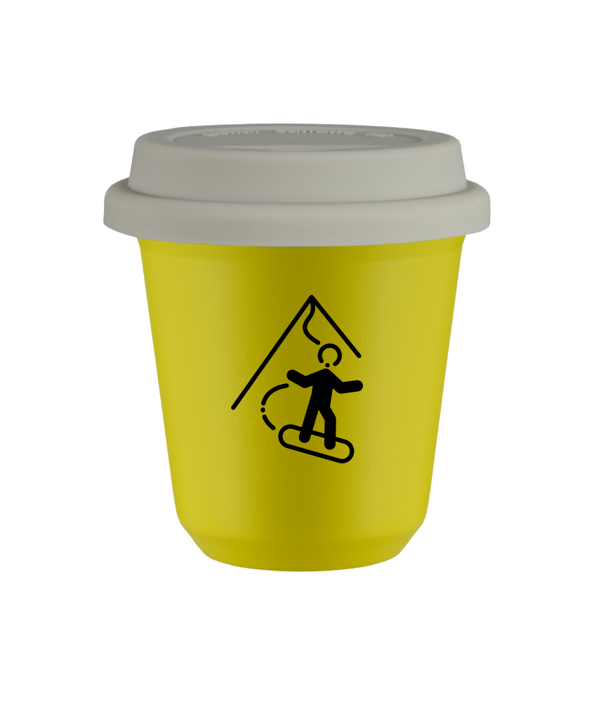 Tasse 150 ml JAUNE "Snowboard (noir)", avec couvercle blanc Tasse 150 ml JAUNE "Snowboard (noir)", avec couvercle blanc
