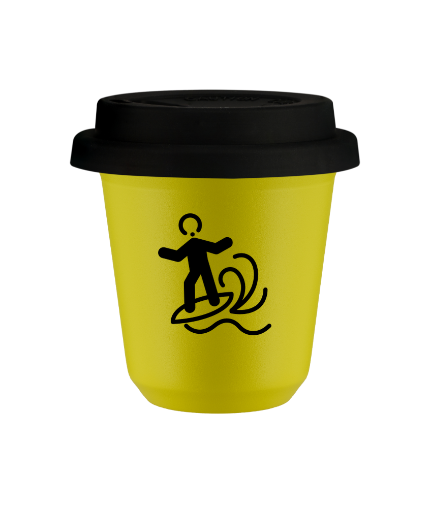 Tasse 150 ml JAUNE "Planche à voile", avec couvercle noir Tasse 150 ml JAUNE "Planche à voile", avec couvercle noir