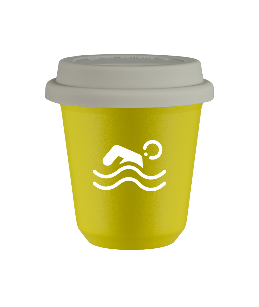 Tasse 150 ml JAUNE "Natation (blanc)", avec couvercle blanc