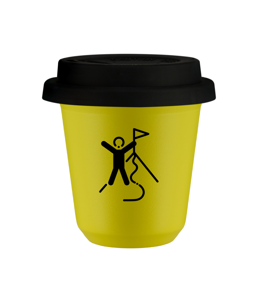 Tasse 150 ml JAUNE "Escalade 1 (noir)", avec couvercle noir