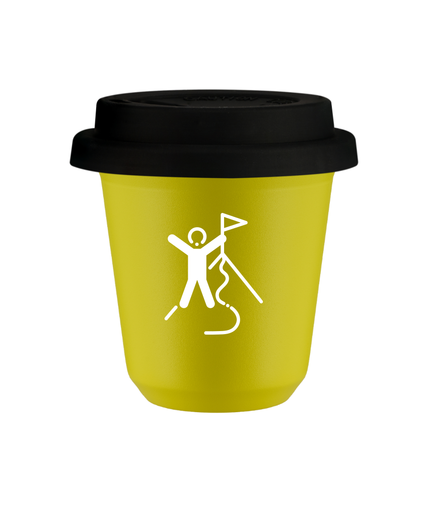 Tasse 150 ml JAUNE "Escalade 1 (blanc)", avec couvercle noir Tasse 150 ml JAUNE "Escalade 1 (blanc)", avec couvercle noir