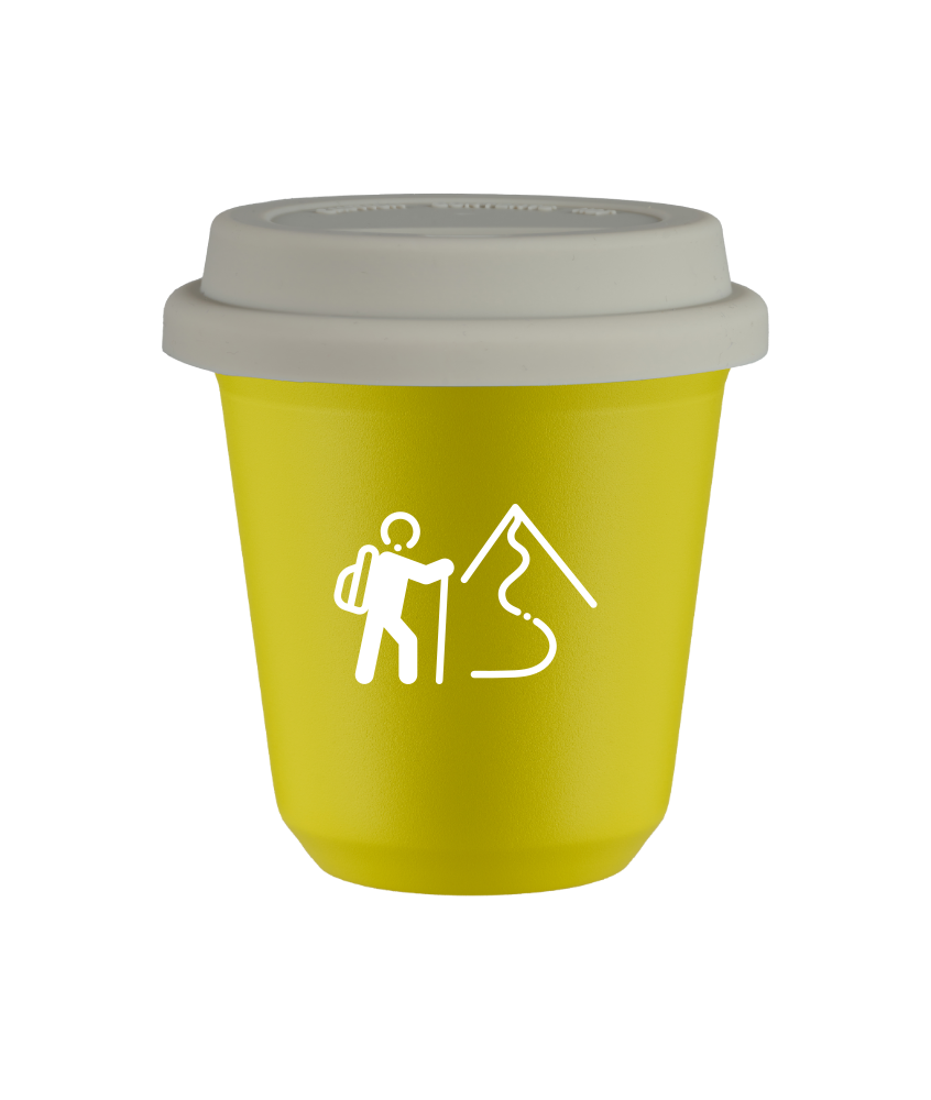 Tasse 150 ml JAUNE "Escalade 2 (blanc)", avec couvercle blanc Tasse 150 ml JAUNE "Escalade 2 (blanc)", avec couvercle blanc